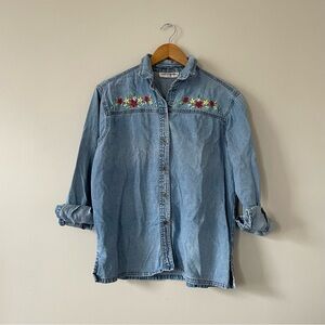 3/$20 Vintage Embroidered Denim Shirt with Floral Design